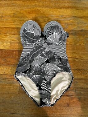 Merona Black and White Striped Swimwear with Floral Trim